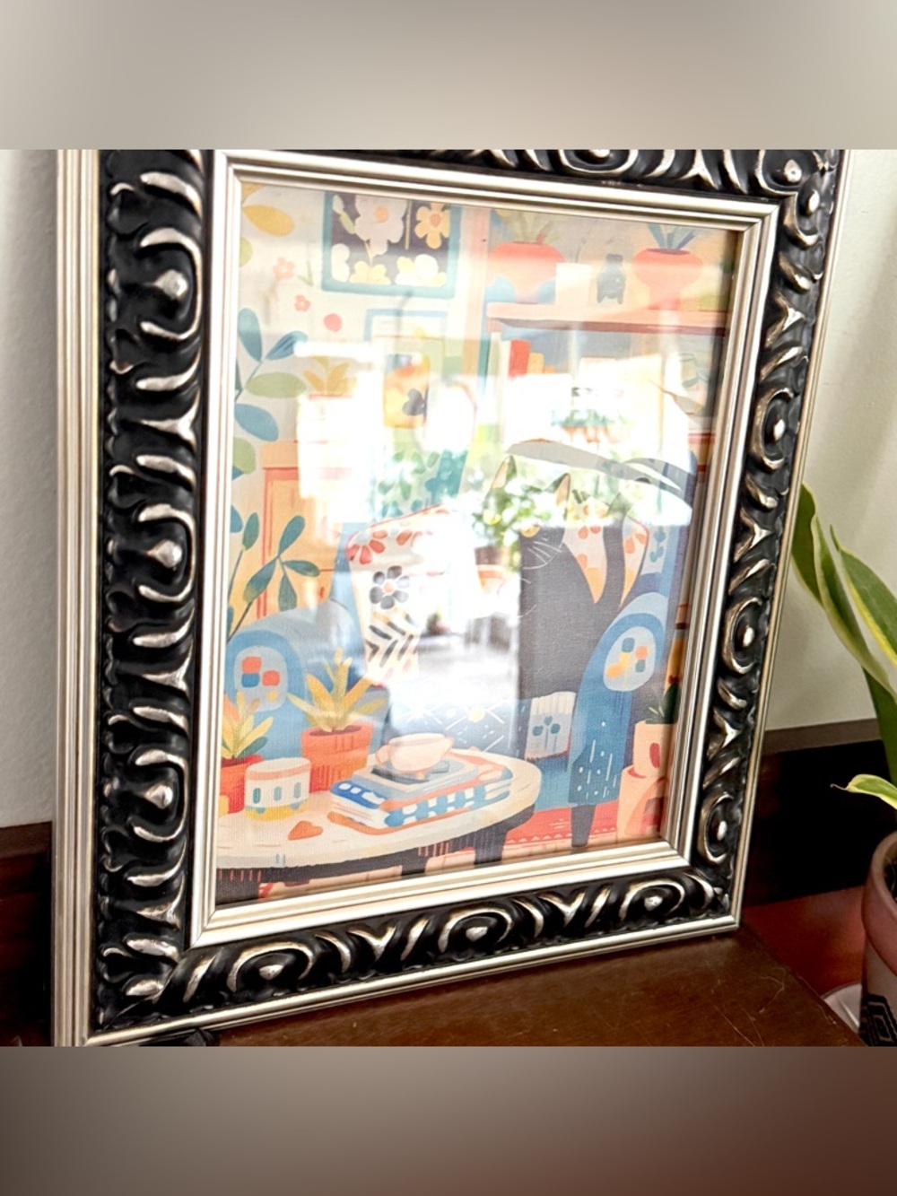Cozy Black Cat Bookshelf Reading Books Coffee Floral Canvas Art Print Framed Art - Picture 6 of 10